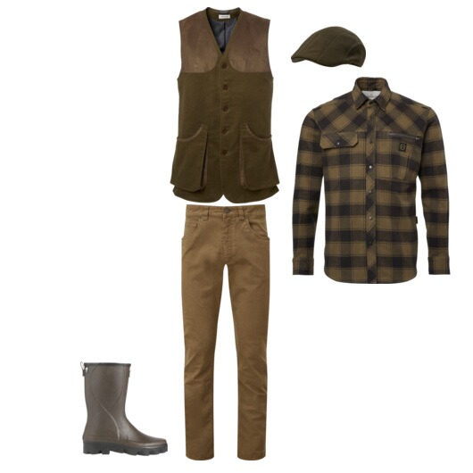 Mit 5-Pocket-Hose, Schießweste, Flanellhemd, Schirmmütze und Gummistiefeln bist du bestens ausgerüstet für die Jagd und andere Outdoor-Aktivitäten.