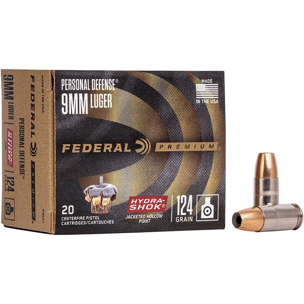 9mm Luger Hydra Shok hollow point 8.0g/124grs., Federal Ammunition