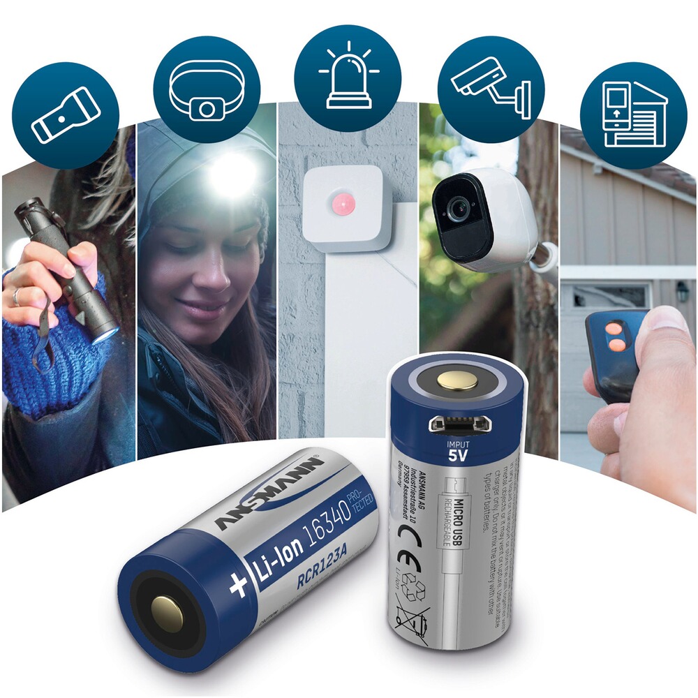 Akku Li-Ion 16340 850 mAh micro USB, Ansmann
