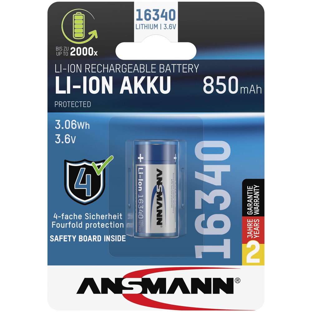 Akku Li-Ion 16340 850 mAh, Ansmann
