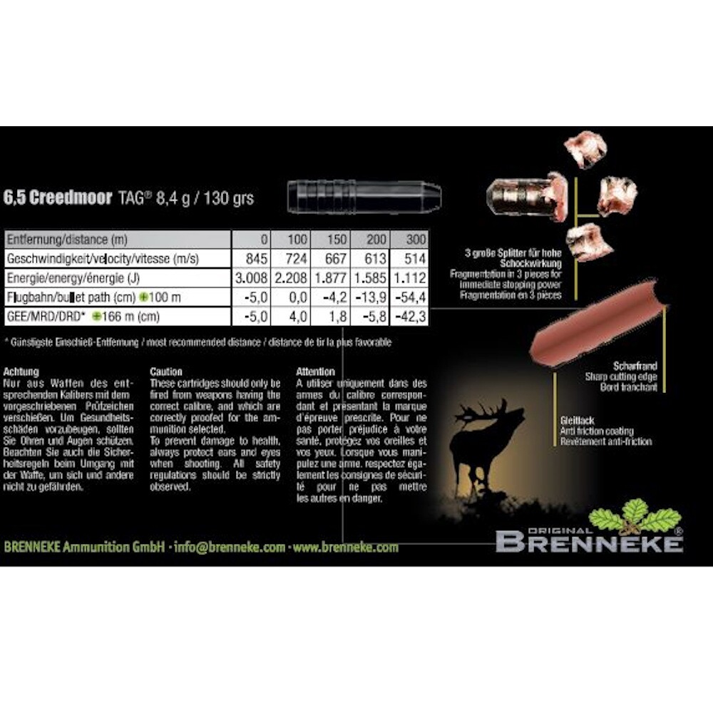 6,5 Creedmoor TAG bleifrei 8,4g/130grs., Brenneke