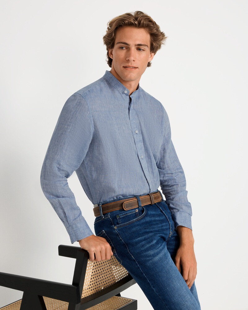 Chemise en lin RM col montant bleu, Reitmayer