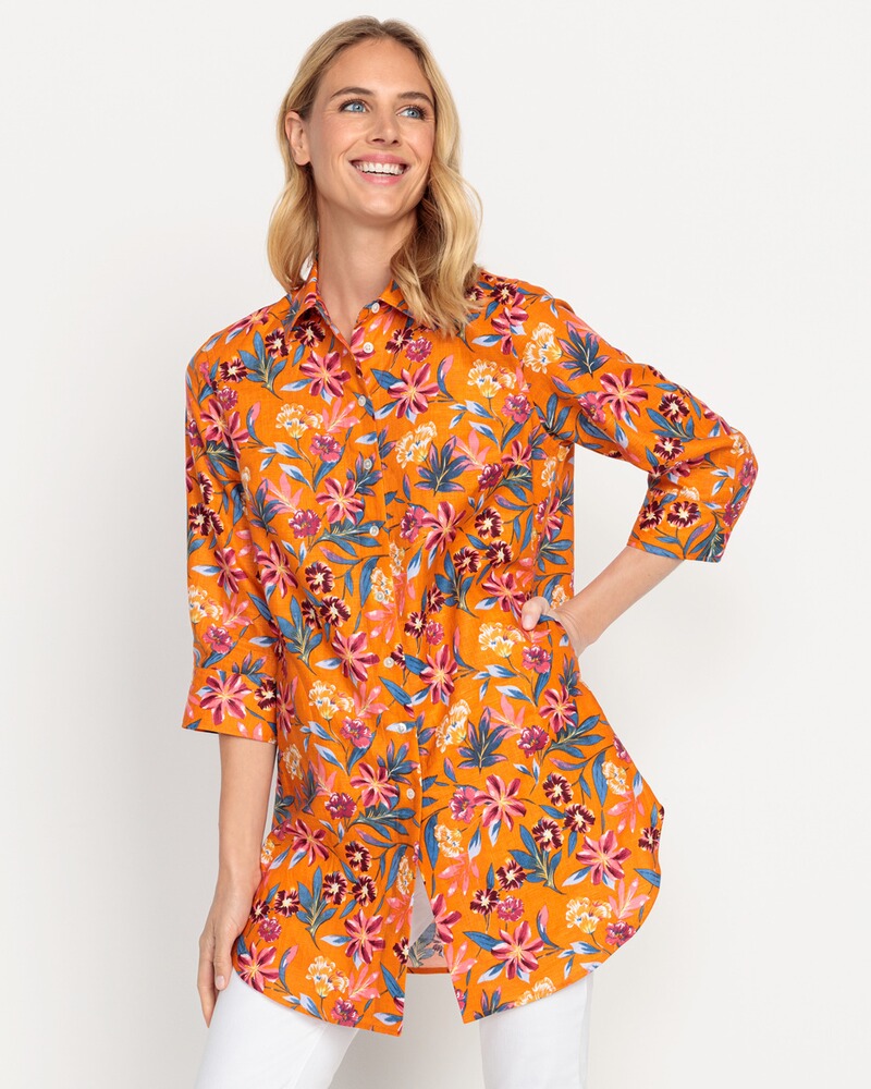 Lange Leinenbluse mit Blumenmuster, HIGHMOOR